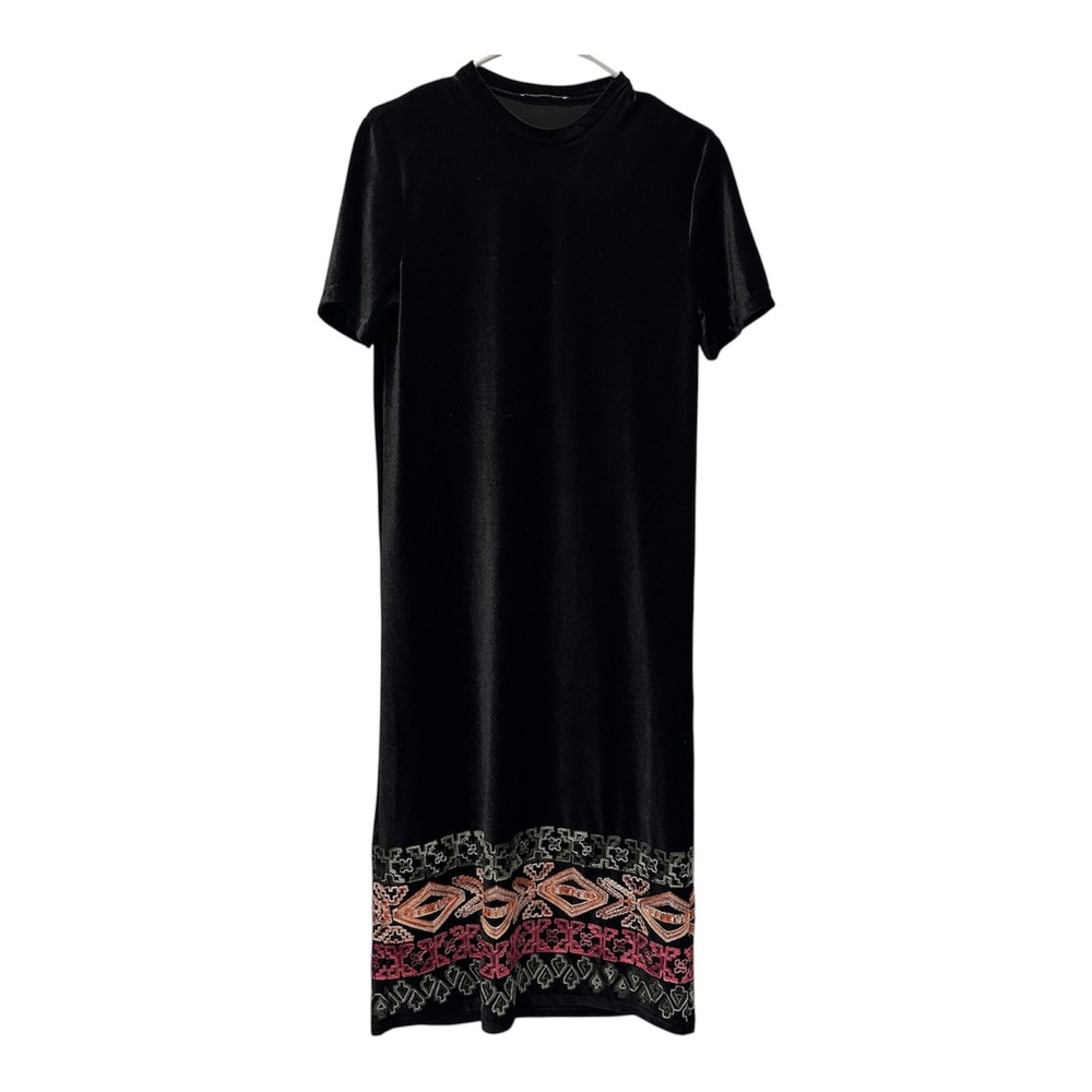 Zara Trafaluc Women's-S Velvet‎ Maxi Dress Embroidery Black BOHO